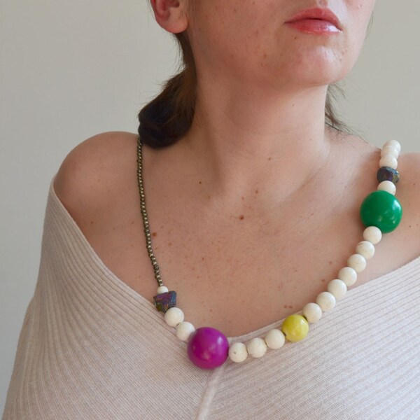 SALE Long White Turquoise Necklace With Large Colorful Beads