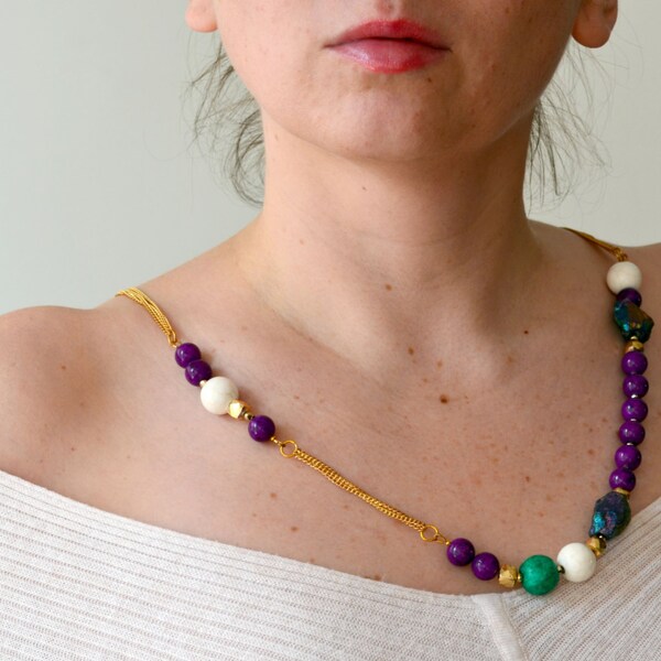 Purple Necklace, Gemstone Necklace, Asymmetrical Necklace, Long Necklace