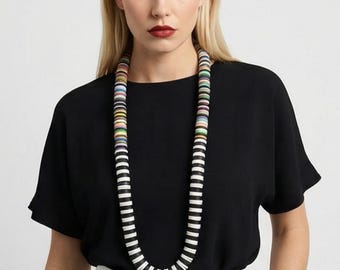 Long Polymer Clay Bead Necklace, Boho Ethnic Fashion Accessory