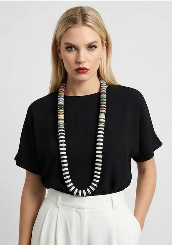 Long Polymer Clay Bead Necklace, Boho Ethnic Fashion Accessory