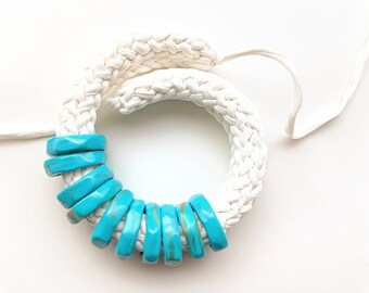 Turquoise  necklace, turquoise collar, statement necklace, white necklace, rope necklace, summer necklace, boho necklace, statement necklace