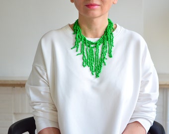 Green statement necklace, green necklace, bib necklace, seed bead necklace, statement necklace, modern necklace, lovely necklace