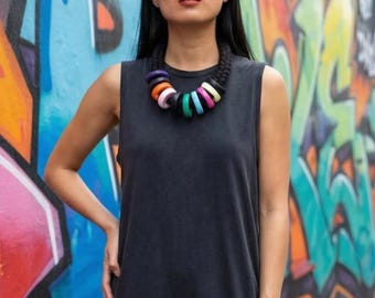 Modern statement necklace made of soft black cotton and multicoloured hoops