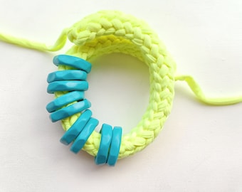 Lovely necklace made of neon cotton and turquoise hoops