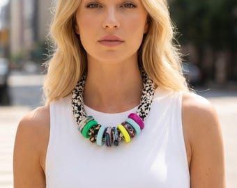 Original statement necklace in cotton and polymer clay; one of a kind, artistic jewellery