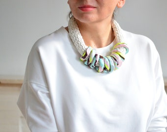 Mixed media statement necklace made of cotton and clay