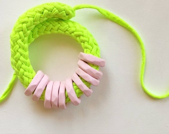 Large neon statement necklace made of cotton with pink clay hoops