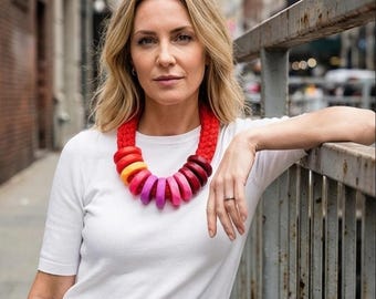 Modern red statement necklace; chunky, oversized collar; artistic fashion