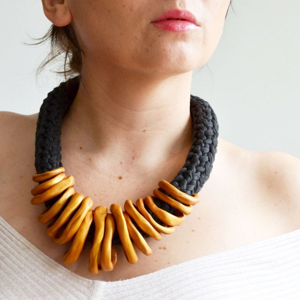 Bib necklace, tribal necklace, golden necklace, statement necklace, African necklace, chunky rope necklace, bold necklace, large necklace