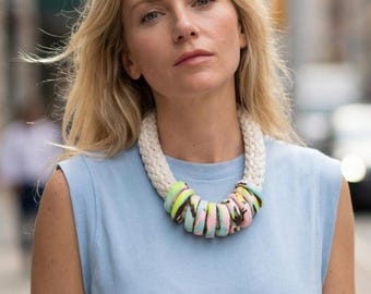 Bold statement necklace in off-white and one of a kind patterned polymer clay hoops