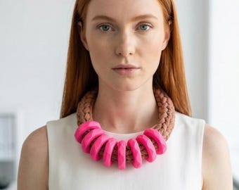 Hot Pink Sculptural Statement Necklace, Chunky Knitted Cord Jewelry accessory