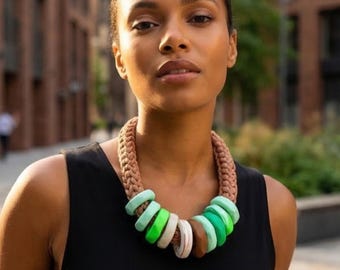 Chunky green statement necklace, oversized, rich textured