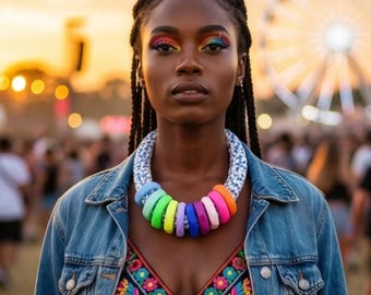 Rainbow Polymer Clay Necklace: Upcycled Cotton Yarn, Bold Statement Jewelry