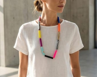 Colourful geometric necklace made of handmade tube beads