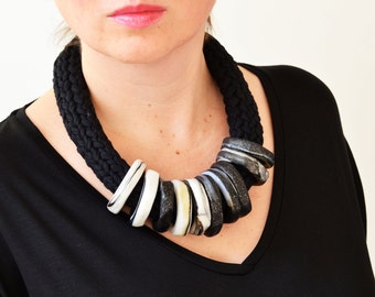 Chunky statement necklace, black statement necklace, modern necklace, marbled necklace, black and white necklace, collar necklace, bold