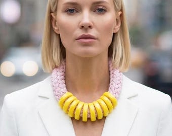 Pastel statement necklace in pink and yellow colour block style