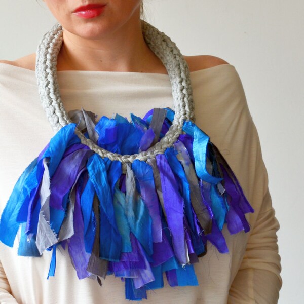 Big necklace/Fabric necklace/Blue necklace/Silk necklace/Original necklace/Bold jewelry/Textile necklace