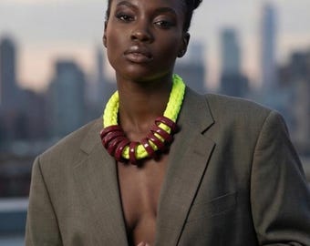 Bright neon statement necklace with burgundy hoops