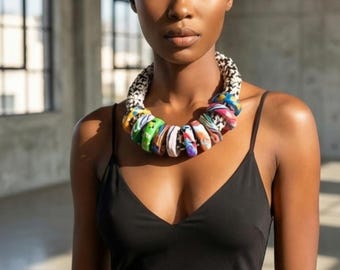 Chunky Textile Choker Necklace, Tribal Inspired Statement, Polymer Clay Hoops, Upcycled Yarn