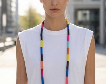 Extra long, colourful bead necklace: geometric style