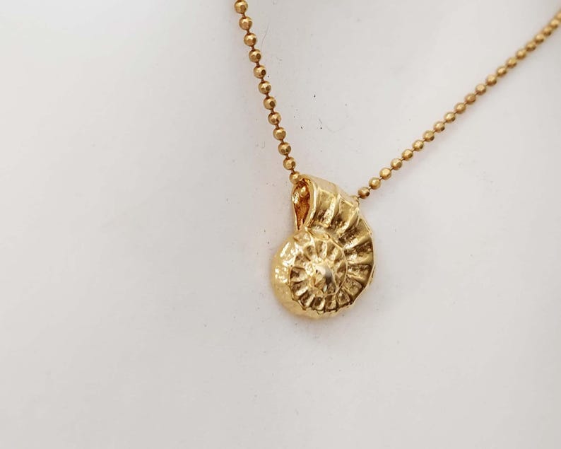 May include: A gold-colored pendant necklace featuring a detailed ammonite fossil charm. The charm is a spiral shape with intricate surface detailing. The necklace chain is a delicate ball chain style, and the pendant hangs from it.