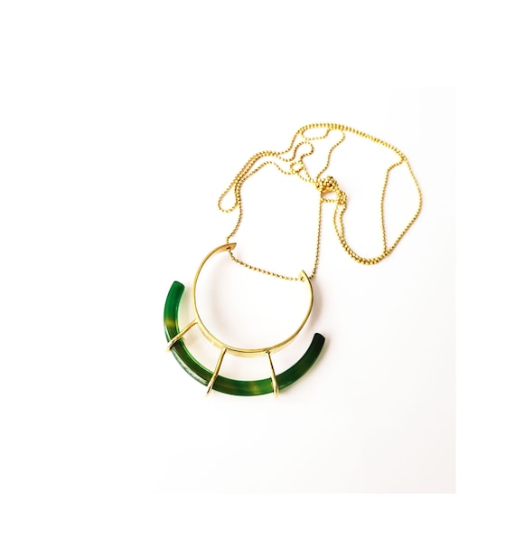 幾何学模様のグリーンアゲートペンダントネックレス：18K