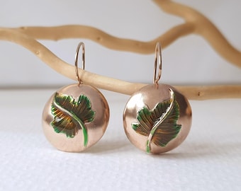 Maple Leaf Enamel Earrings: Rose Gold Drop Dangles, Forest Magic Boho Jewelry