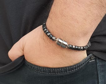 Variscite, Hematite & Onyx Beaded Bracelet: Gemstone Silver Boho Mens Jewelry