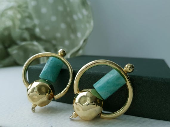 Amazonite Circle Gold Earrings: Bohem Charm Studs, Stylish Elegant Jewelry Gift