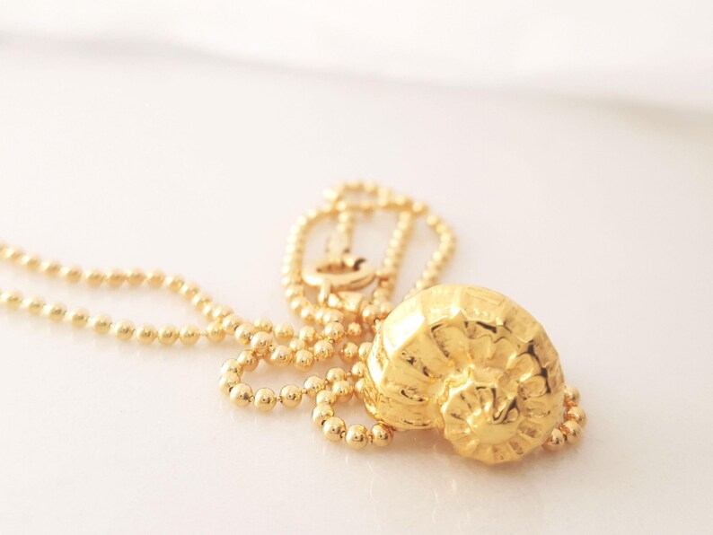 May include: A gold-colored necklace featuring a detailed, textured seashell pendant. The pendant is attached to a delicate ball chain. The necklace is displayed on a white surface, with soft lighting.