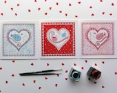 Valentine Square Greeting Card Set. Romantic birds on a big heart shape watercolor card. Wedding anniversary card. Art Collectibles.