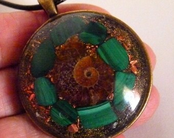 TACHYON Energy PENDANT generator malachite & Ammonite protection personal power confidence