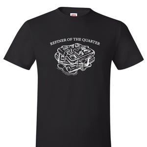 May include: Black t-shirt with a white graphic of a stack of waffles and the text "Refiner of the Quarter" and "Go to the Poundcake's Best".