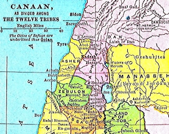 Canaan As Divided by 12 Tribes of Israel, Cities of Refuge are Underlined, 1902 Map, POSTER Print