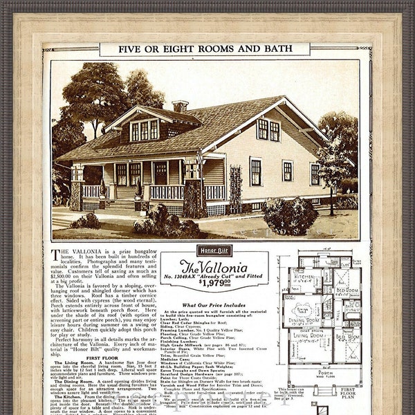 Sears VALLONIA 1925 Five or Eight Rooms Bungalow, San Jose Door in Living Room, Already Cut & Fitted, Honor Bilt, POSTER Print