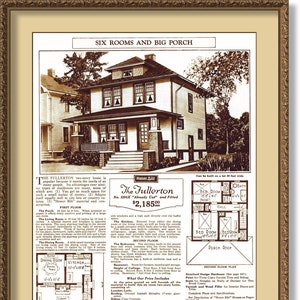 May include: A black and white illustration of a two-story house with a large porch. The house is called "The Fullerton" and is priced at $2,185.00. The illustration includes floor plans for the first and second floors.