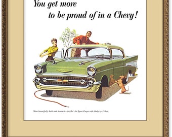 Chevy Bel Air Sport Coupe 1957, with Body by Fisher, Husband Wife and Doggie Washing New Car, 1957 Ad Reproduction POSTER Print