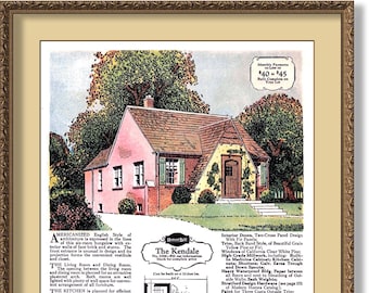 Sears KENDALE 1929 Six Room Bungalow, Americanized English Style of Architecture, Exterior Walls of Face Brick and Stucco, POSTER Print