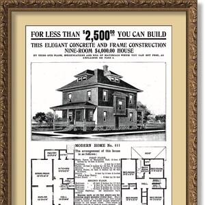 Sears 1908 Modern Home #111,For Less Than 2,500 Dollar You Can Build This Elegant Concrete & Frame 9-Room House,DIGITAL File Download POSTER