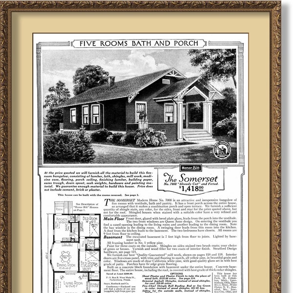 Sears SOMERSET 1920 Attractive and Inexpensive Bungalow of 5 Rooms with Vestibule, Front Porch Across the Entire House, POSTER Print