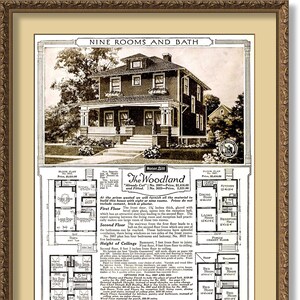 May include: An antique sepia-toned advertisement for "The Woodland" house, featuring a detailed illustration of the home's exterior and floor plans. The framed print includes text detailing the house's features, room count, and pricing from Sears, Roebuck and Co.