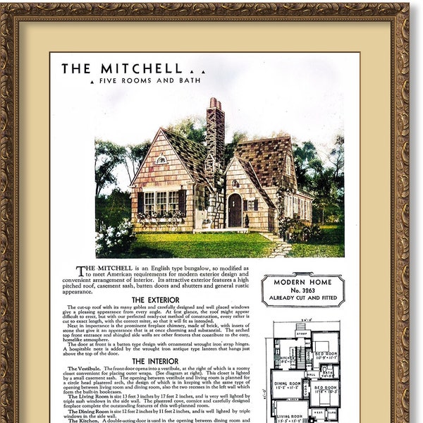 Sears MITCHELL 1938 Modern Home,Pleasing Appearance From Every Angle,Prominent Chimney, Cut-Up Roof,Mullion Window in Kitchen,POSTER Print
