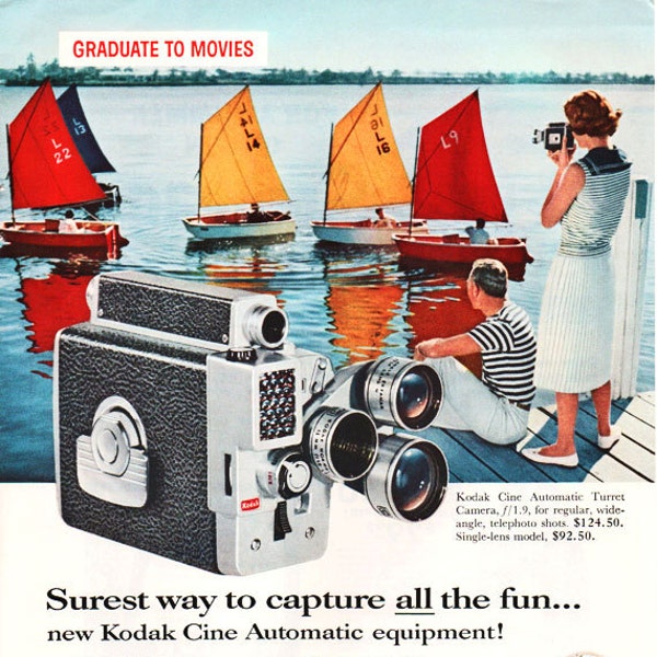 Kodak Cine Automatic Turret Camera 1959 POSTER Print, 8mm movie camera from original 1959 vintage Magazine Ad