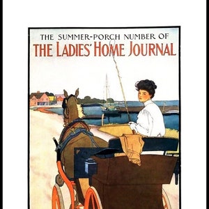 May include: Vintage magazine cover for The Ladies' Home Journal, August 1908. The illustration depicts a woman in a horse-drawn carriage, with a coastal scene in the background. The cover features text: "THE SUMMER-PORCH NUMBER OF THE LADIES' HOME JOURNAL".