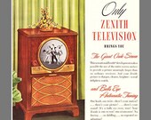 Zenith TV 1949, Only Zenith Television Brings You The Giant Circle Screen and Bulls Eye Automatic Tuning, Original 1949 Ad POSTER PRINT