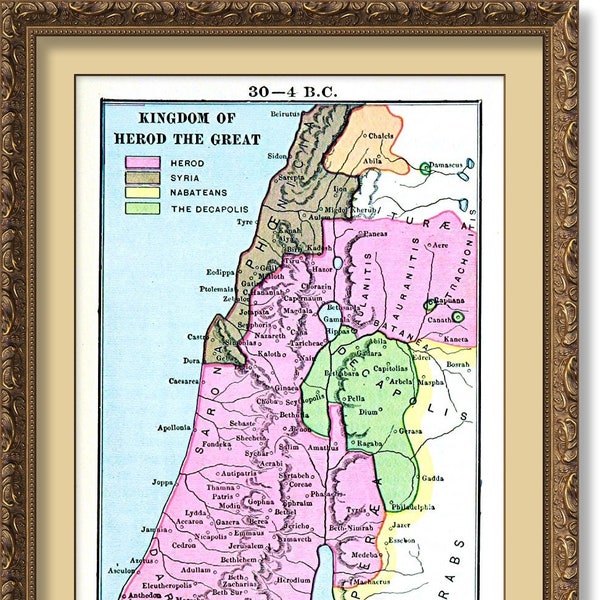 Holy Land Map When King Herod  Ruled in 37 to 4 BC in Judea, Ancient Israel, 1878 Map Reproduction Photographic POSTER Print