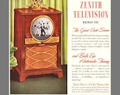 Zenith TV 1949 - Only ZENITH Television Brings You The Giant Circle Screen and Bulls Eye Automatic Tuning - Original 1949 Ad or Poster PRINT