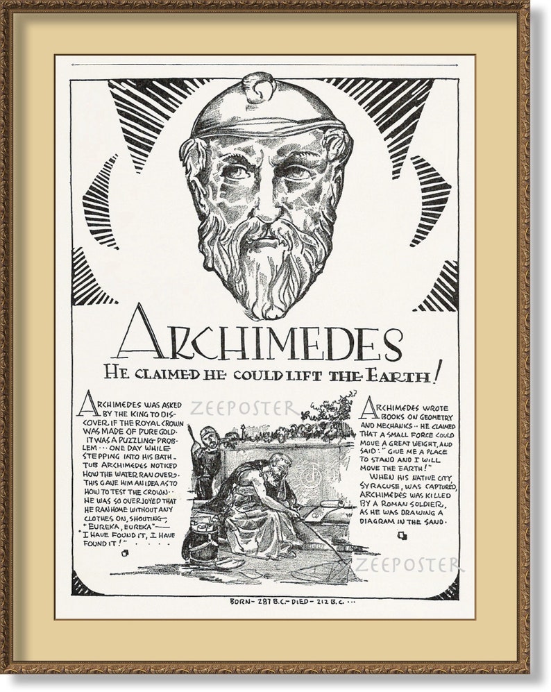 Archimedes of Syracuse, Greek Mathematician, Physicist, Engineer, Inventor, Astronomer, POSTER Print from original 1930 plate image 1