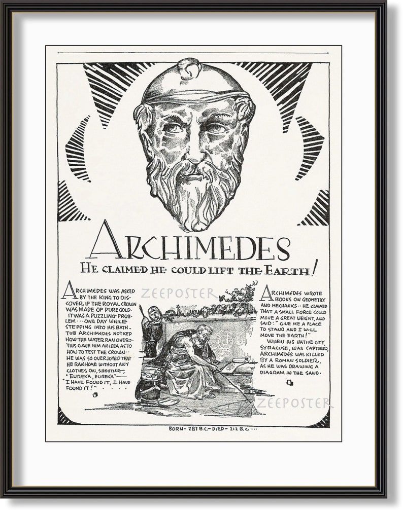 Archimedes of Syracuse, Greek Mathematician, Physicist, Engineer, Inventor, Astronomer, POSTER Print from original 1930 plate image 2