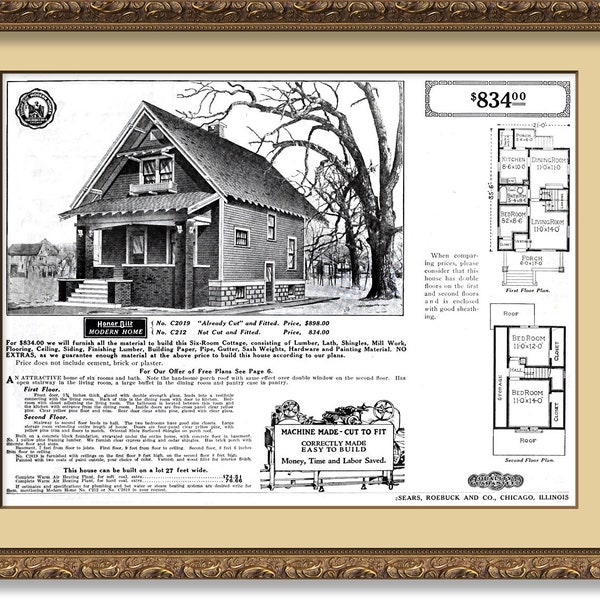 Sears 1916 Two Story 6 Room Cottage, Model#C2019,Double Window on 2nd Floor, Already Cut & Fitted,Correctly Made Easy To Build, POSTER PRINT